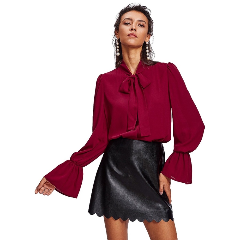 Bell Sleeve Pussy Bow Chiffon Button Front Blouse - Picture 5 of 5